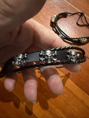 Black Braided Leather Rope Bracelet Set with Silver Accents